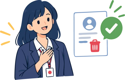 An illustration of a smiling Japanese language student wearing a school uniform and ID badge, with one hand placed on her chest. Beside her is a profile card showing a user icon and a red delete symbol, accompanied by a green check mark, representing verified student information or profile confirmation.